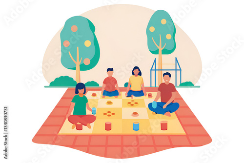 childhood obesity nutrition exercise community A group of people meditating outdoors on a mat surrounded by trees.