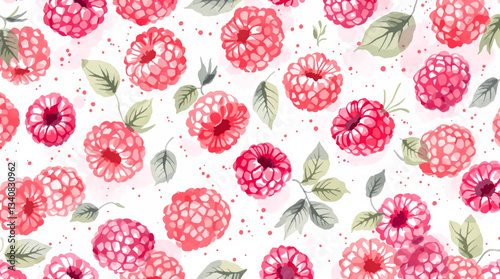 Watercolor pattern featuring raspberries white background