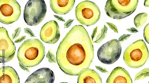  Avocado water color on white background seamless pattern