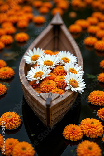 Floating Wooden Boat with Beautiful Orange Flowers, created with generative AI technology	
