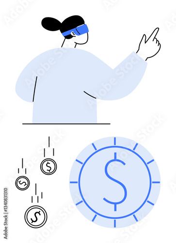Woman wearing VR headset pointing forward, digital coins falling, and a large coin graphic representing financial technology. Ideal for themes fintech, innovation, virtual world, cryptocurrency