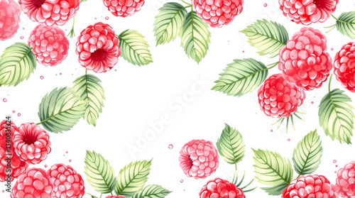 Watercolor pattern featuring raspberries white background