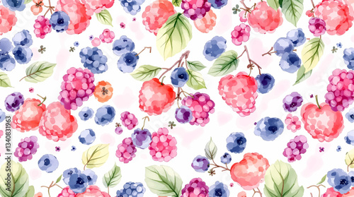 Seamless pattern of red, blue and purple berries on white background