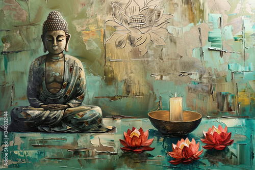 Ancient statue great Buddha on bright holiday composition, abstract vivid composition consists of fictional unreal fantastic vision on background