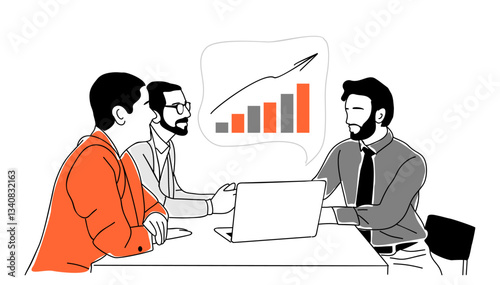 Couple get investment consulting from specialist. Financial advisor, bank consultant helping client on finance analysis. Hand drawn outline vector illustration on transparent background