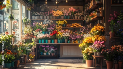 A vibrant flower shop filled with a variety of colorful blooms in pots, creating a lively and inviting atmosphere.