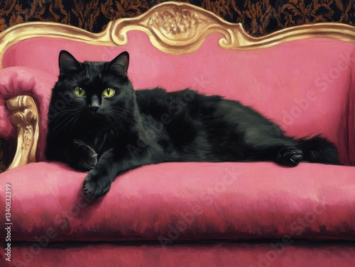 Fine art oil painting , cozy sofa and black cat on it, AI generated