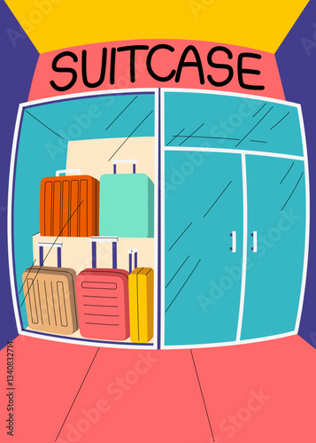 A colorful suitcase shop with a vibrant storefront displaying various luggage options