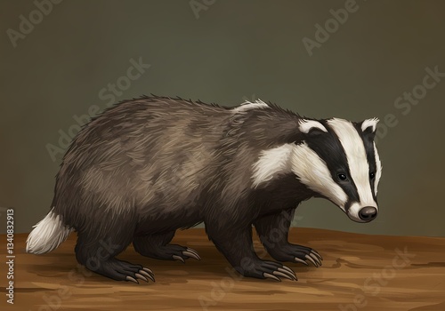 Realistic illustration of a badger on a wooden surface