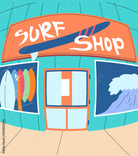 A lively surf shop with surfboards on display and a wave illustration on the window