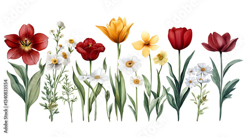 Blooming Garden Watercolor: An artistic rendering of a vibrant array of colorful flowers, depicting various species in a watercolor style, evoking the beauty of spring