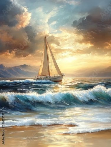 Beach by the sea, golden sand and white waves, a sailboat, AI generated