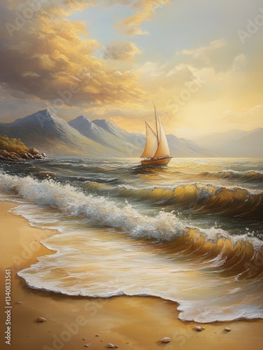 Beach by the sea, golden sand and white waves, a sailboat, AI generated