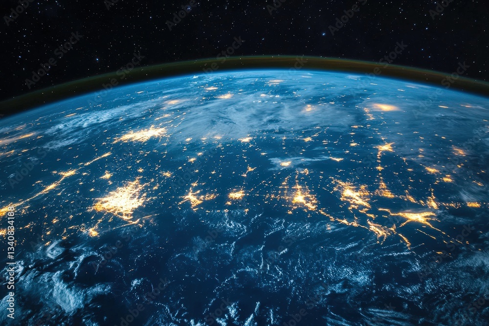 Obraz premium Satellite Surveillance Technology Scanning Remote Locations Across the Globe During Nighttime, Showcasing Illumination From Cities and Natural Features