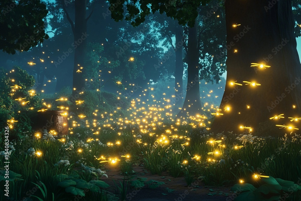 Fototapeta premium Magical nighttime forest illuminated by glowing fireflies dancing amidst trees and flowers