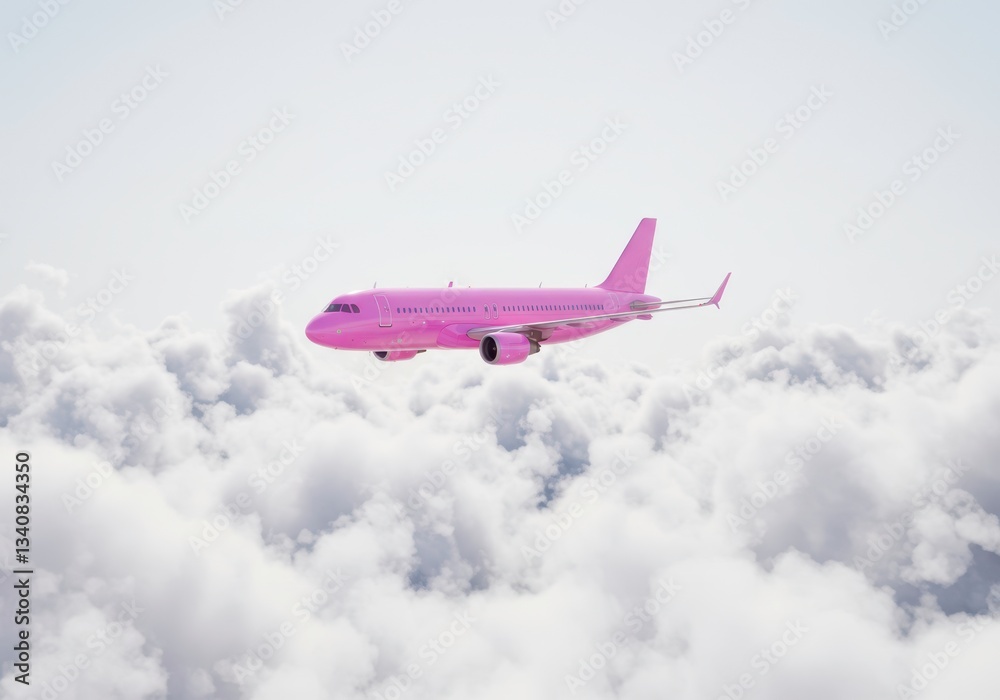Fototapeta premium Pink Airplane Flying Among the Clouds. Dreamy Concept, Travel Adventure. Commercial Aviation for Business, Promotional Web Banner, Creative Print Ad, or Greeting Card