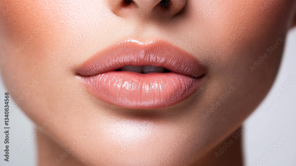 Fototapeta premium Close-up view of smooth, natural lips showcasing a soft nude lipstick shade for a beauty demonstration
