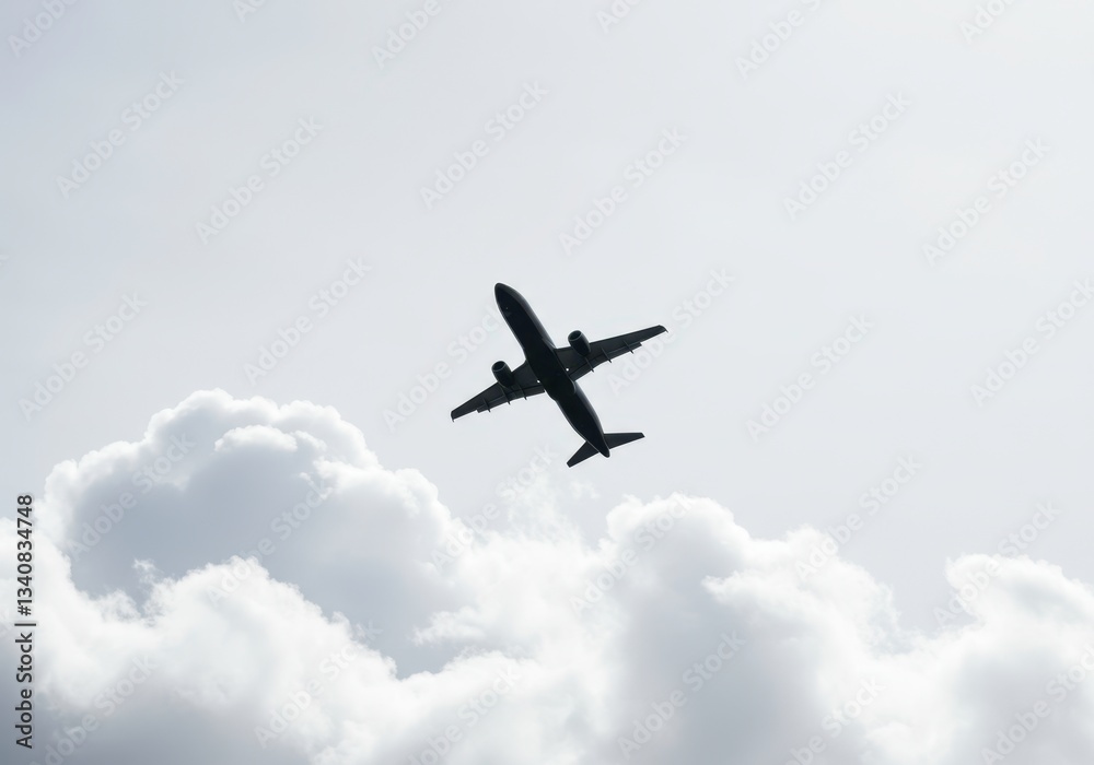 Aircraft soars among fluffy cloudscape, traveling through the sky for airline flight travel, vacation and summer holiday adventures, with copy space Aircraft soars among fluffy cloudscape, traveling through the sky for airline flight travel, vacation and summer holiday adventures, with copy space