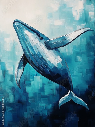 Geometric whale in ocean, cubist style, blue and teal palette, AI generated