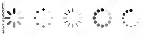 Loading Circle Set. Progress Icons. Round Loaders. Black and White Graphics. Spinning Symbols. Website Design. Wait Signs. Cycle Animation.