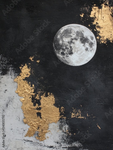 Minimal golden painting with full moon, AI generated