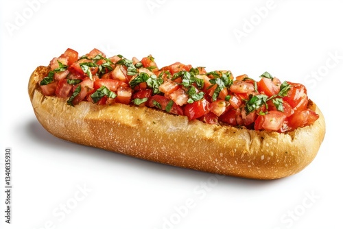 Appetizing bruschetta on bread with juicy tomatoes and fresh basil against a bright white background studio shot