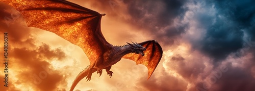 A colossal ancient dragon soaring through a stormy sky, its wings crackling with energy