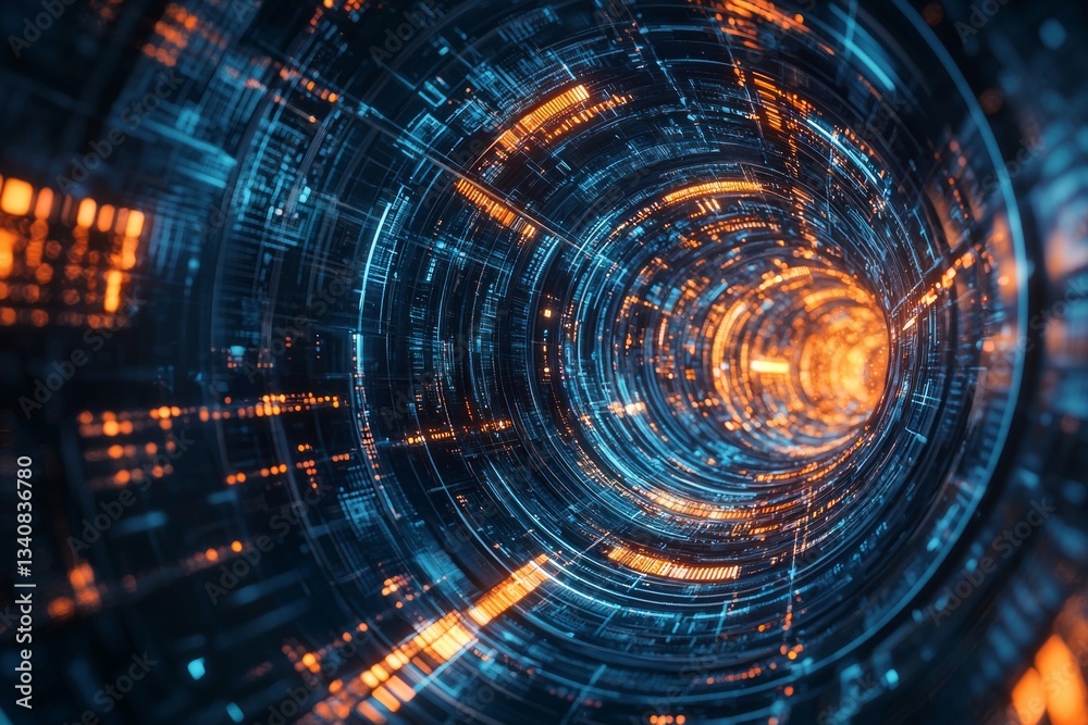 Fototapeta premium Digital data tunnel, time travel concept, futuristic technology background, dark blue and orange colors