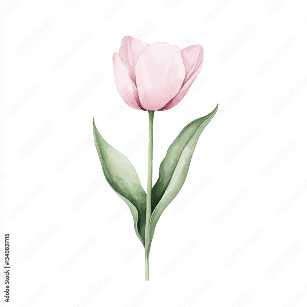 Fototapeta premium Delicate Blossom: A single, elegant pink tulip with lush green leaves, painted in watercolor, showcasing the soft beauty and detail of botanical art.
