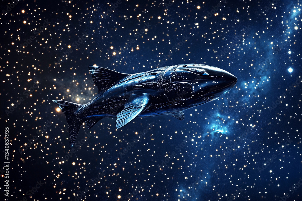 Fototapeta premium Futuristic spaceship shaped like a fish gliding through a star-filled cosmos