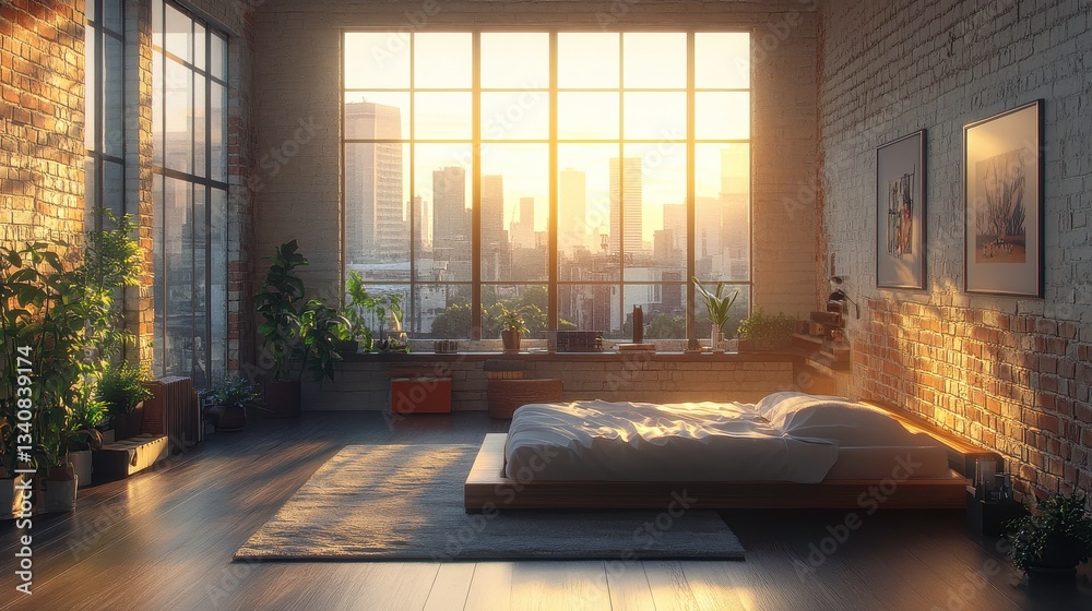 Fototapeta premium A cozy bedroom featuring large windows with city views, warm sunlight streaming in, and indoor plants enhancing the serene atmosphere.
