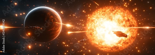 A sci-fi space battle unfolding near a massive gas giant, with ships engaging in a high-speed dogfight