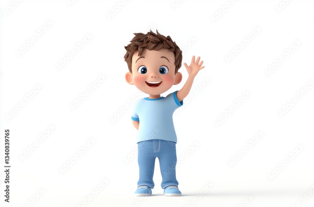 3D cute little boy smiling and waving, clean white 3D cute little boy smiling and waving, clean white