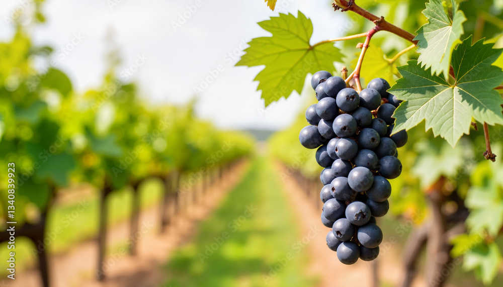 Fototapeta premium Grapevine with a hanging cluster of ripe dark purple grapes