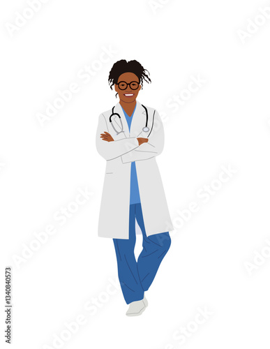 Smiling black female doctor, nurse. Pretty African american woman medic worker in uniform, white lab coat with stethoscope. Flat cartoon vector illustration isolated on transparent background.