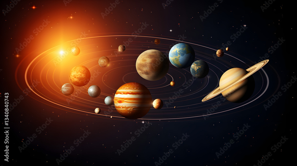 Fototapeta premium The planets of the solar system displayed together, showcasing unique characteristics and beauty in a colorful representation of planetary dynamics.