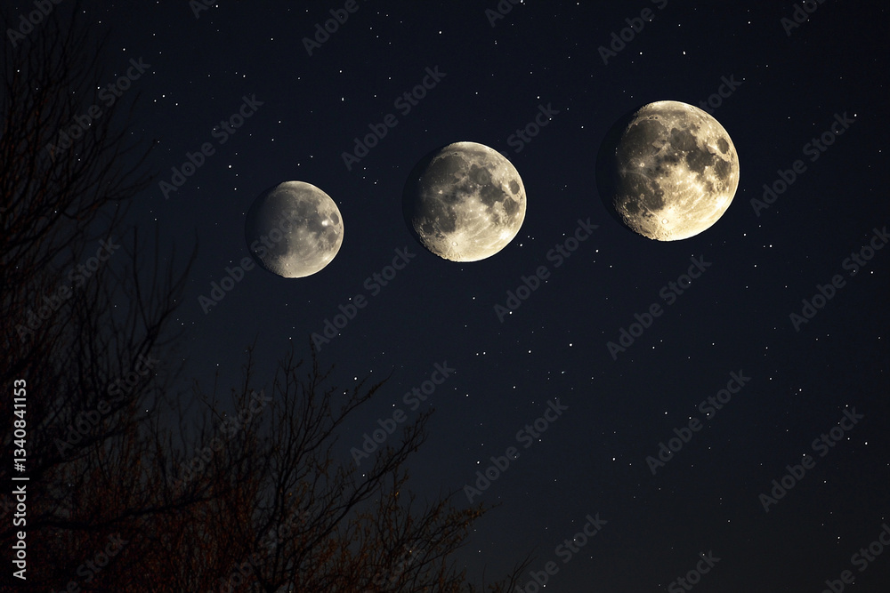 Fototapeta premium Three full moons shining brightly in a starry night sky