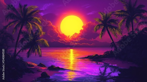 Digital illustration of a sunset over the sea, with palm trees on the shore.