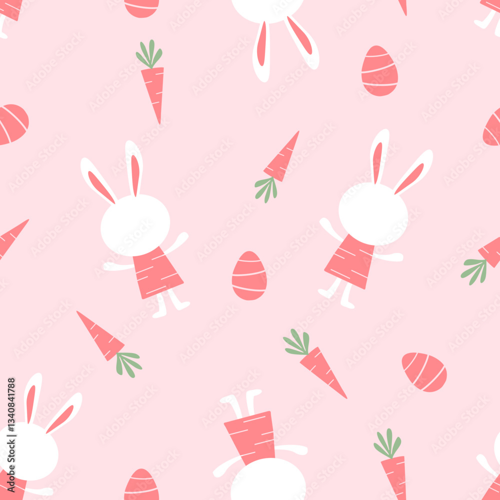 Seamless pattern with bunny rabbit cartoons, carrot and Easter eggs on pink background vector. Cute childish print. Seamless pattern with bunny rabbit cartoons, carrot and Easter eggs on pink background vector. Cute childish print.