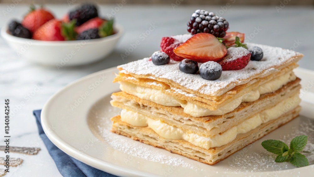 A delicious layered pastry dessert topped with fresh berries and powdered sugar, presented elegantly on a plate.