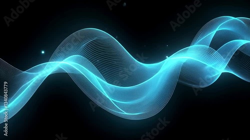 Abstract Digital Waveform Animation in Cyan Blue with Floating Particles on Black Background