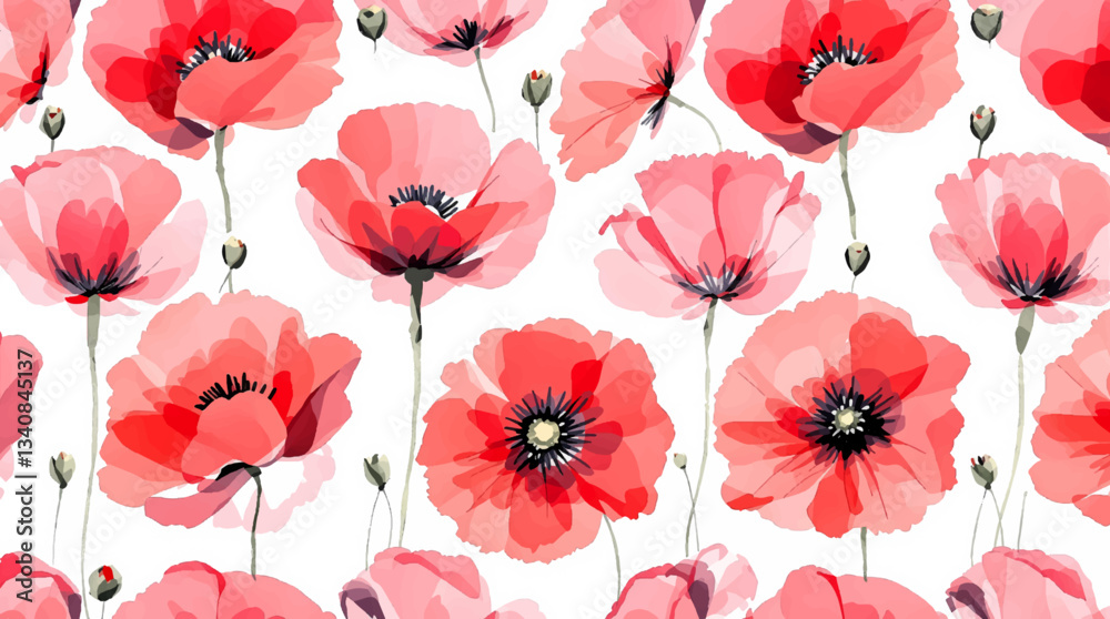 Watercolor red flowers poppies on a white background