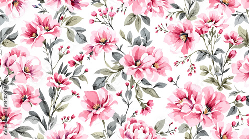 Watercolor floral seamless pattern with hand-painted blush pink flowers and green leaves on white background. Botanical print.