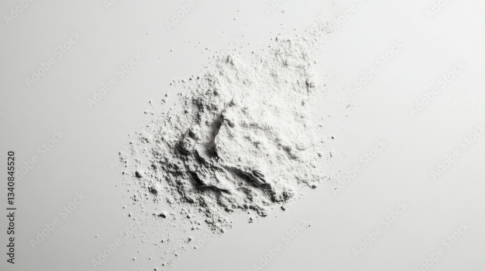 Fototapeta premium Loose powder spilling onto a clean white surface, forming a soft, natural texture. The minimalist composition highlights the fine particles and subtle shadows.