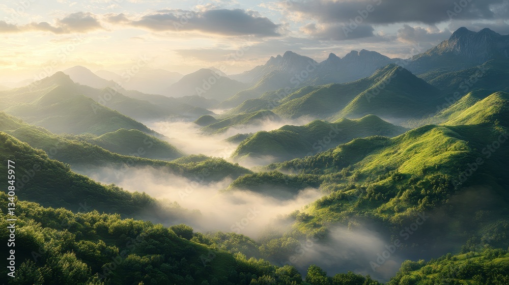 Obraz premium Lush green mountains under a cloudy sky, with mist drifting through the valleys, creating a serene and tranquil landscape.