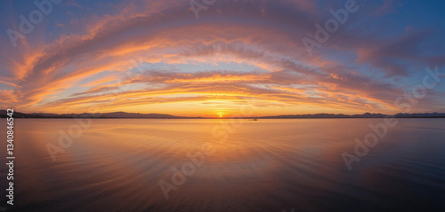 A wide-angle shot of a peaceful lake at sunset, with a glowing sun and colorful clouds creating a stunning reflection.