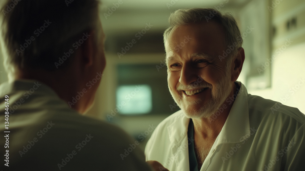 Fototapeta premium A senior man with neatly trimmed white beard and mustache, wearing a hospital gown, smiles warmly while interacting with someone in a softly lit hospital environment.