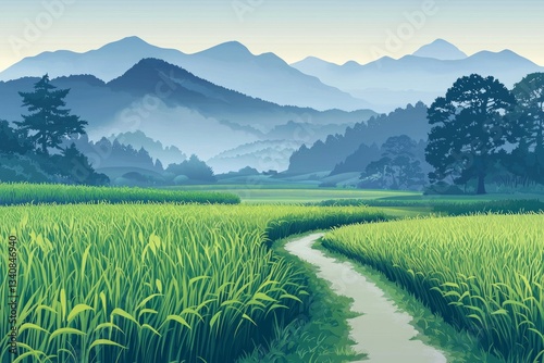In the distance, there is an endless rice field with green paddy fields and mountains in the background, in digital art style