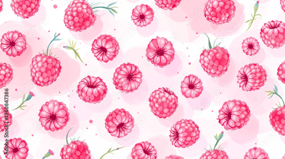 Watercolor pattern featuring raspberries white background
