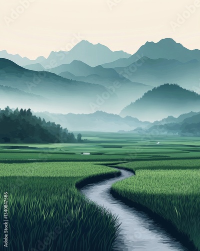 In the distance, there is an endless rice field with green paddy fields and mountains in the background, in digital art style